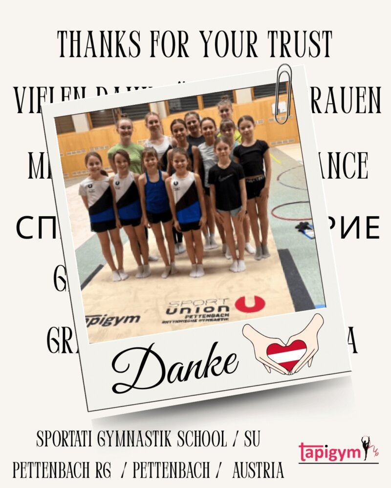 Muchas gracias al Club Sportunion -Pettenbach RG en Austria. Estamos seguros de que vuestro tapiz os ayudará a seguir creciendo y a mejorar las condiciones de entrenamiento de vuestras gimnastas y entrenadoras.

¡A tope con la gimnasia rítmica en Pettenbach y Austria ! 💪✨

Many thanks to the Club Sportunion -Pettenbach RG in Austria. for their trust. We are sure that your mat will help you continue to grow and improve the training conditions for your gymnasts and coaches.

Let’s keep rhythmic gymnastics strong in Pettenbach and Austria! 💪✨