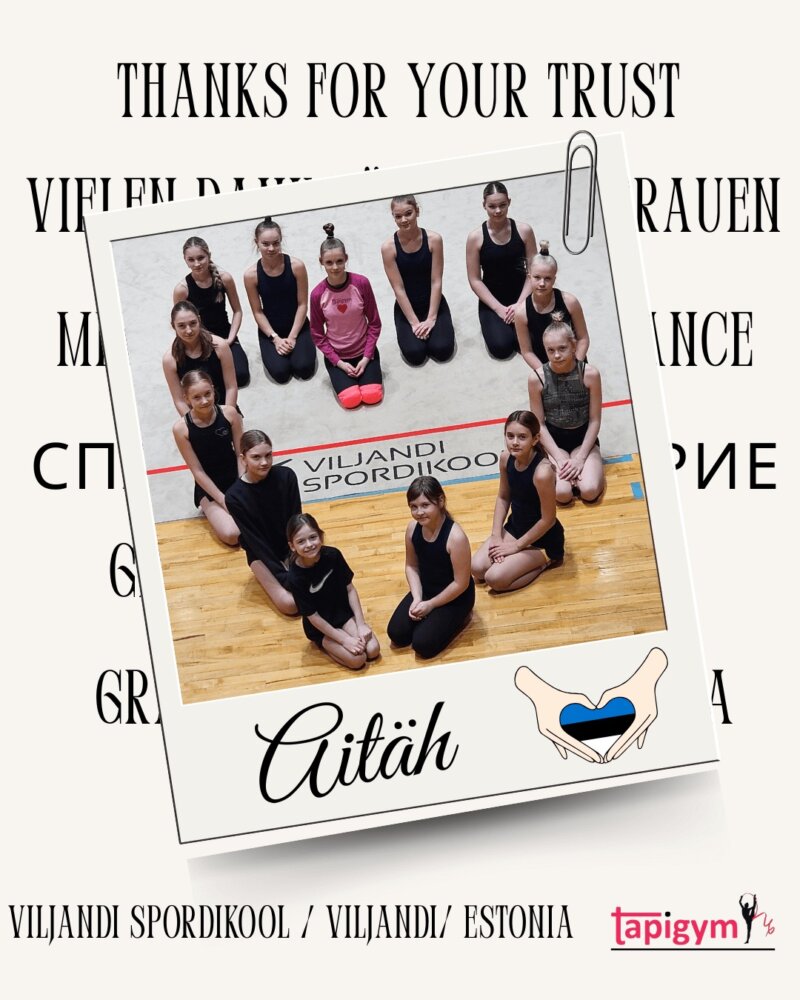 Muchas gracias al Club VK Jasmiin/Viljandi Spordikool. Estamos seguros de que vuestro tapiz os ayudará a seguir creciendo y a mejorar las condiciones de entrenamiento de vuestras gimnastas y entrenadoras.

¡A tope con la gimnasia rítmica en Viljandi y Estonia ! 💪✨

Many thanks to the Club VK Jasmiin/Viljandi Spordikool for their trust. We are sure that your mat will help you continue to grow and improve the training conditions for your gymnasts and coaches.

Let’s keep rhythmic gymnastics strong in Viljandi and Estonia! 💪✨