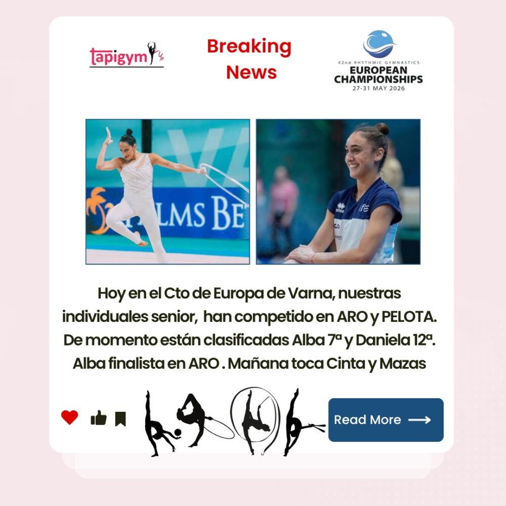 Hoy han comenzado nuestras individuales, de momento Alba 7ª y Daniela 12ª, consiguiendo Alba clasificarse para la final de ARO.

A tope mañana con la cinta y las mazas.