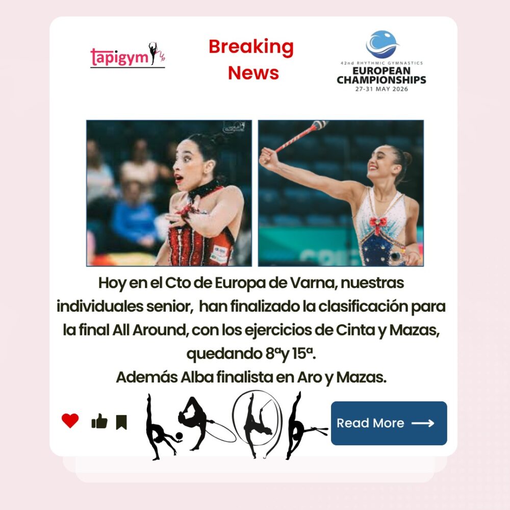 Buen trabajo de nuestras individuales. 

Ambas clasificadas para la final ALL Around y Alba finalista en Aro y Mazas.

Suerte en la final campeonas.